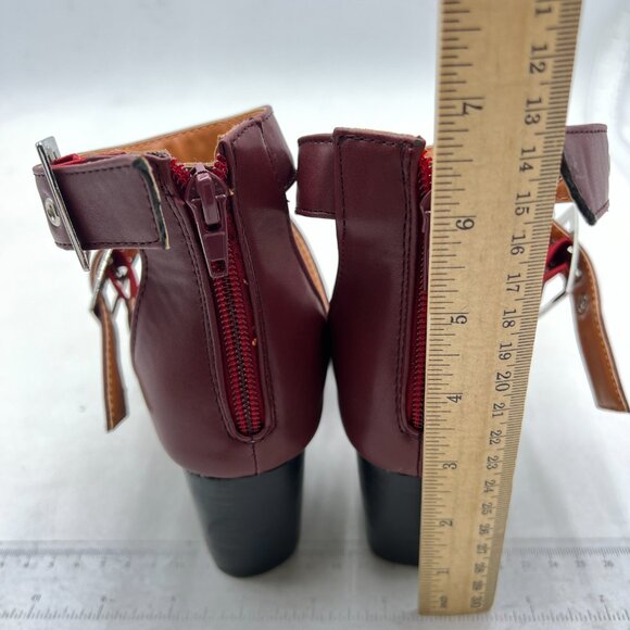 FSJ Wine Pointed Toe Metal Buckle Hollow Out Strappy Thick Wedge Heel Pumps - Picture 4 of 7